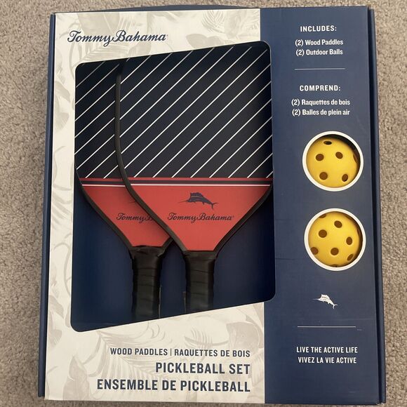 Tommy Bahama Pickleball Set 2-Blue & Red Wooden Paddles 2-Yellow Game Balls NEW - Picture 2 of 7